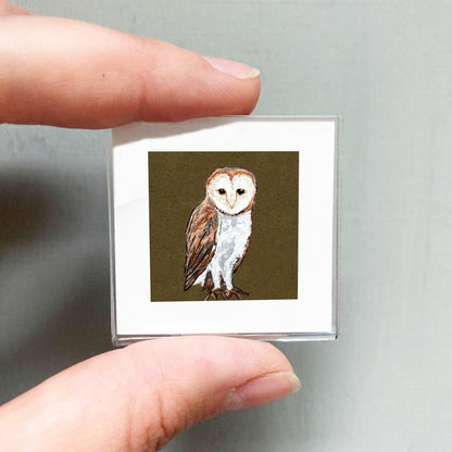 Mini 1" Barn Owl Bird Print Tiny Gouache Art PRINT