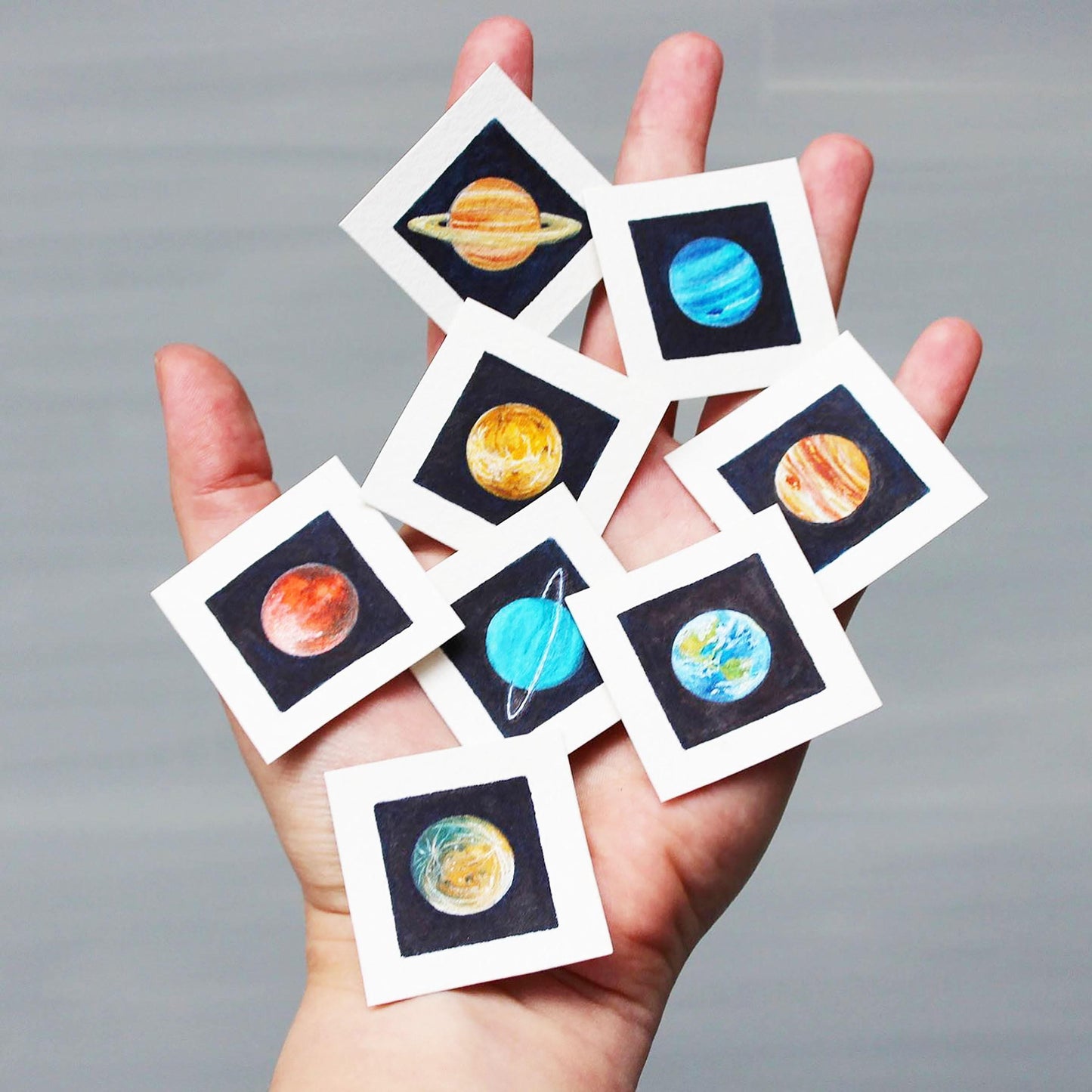 Miniature Planet Art Prints Set of 8 - Tiny Watercolor Solar System 1-Inch Mini Wall Decor