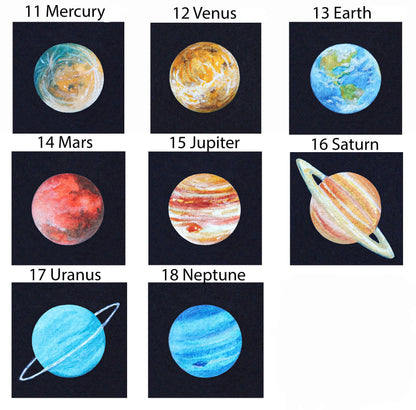 Miniature Planet Art Prints Set of 8 - Tiny Watercolor Solar System 1-Inch Mini Wall Decor