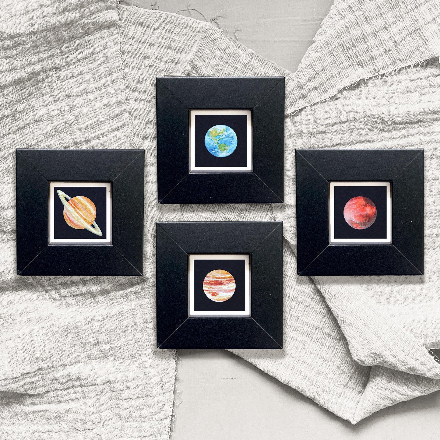 Miniature Planet Art Prints Set of 8 - Tiny Watercolor Solar System 1-Inch Mini Wall Decor