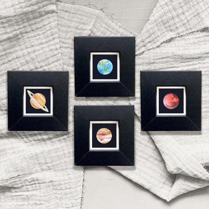 Miniature Planet Art Prints Set of 8 - Tiny Watercolor Solar System 1-Inch Mini Wall Decor