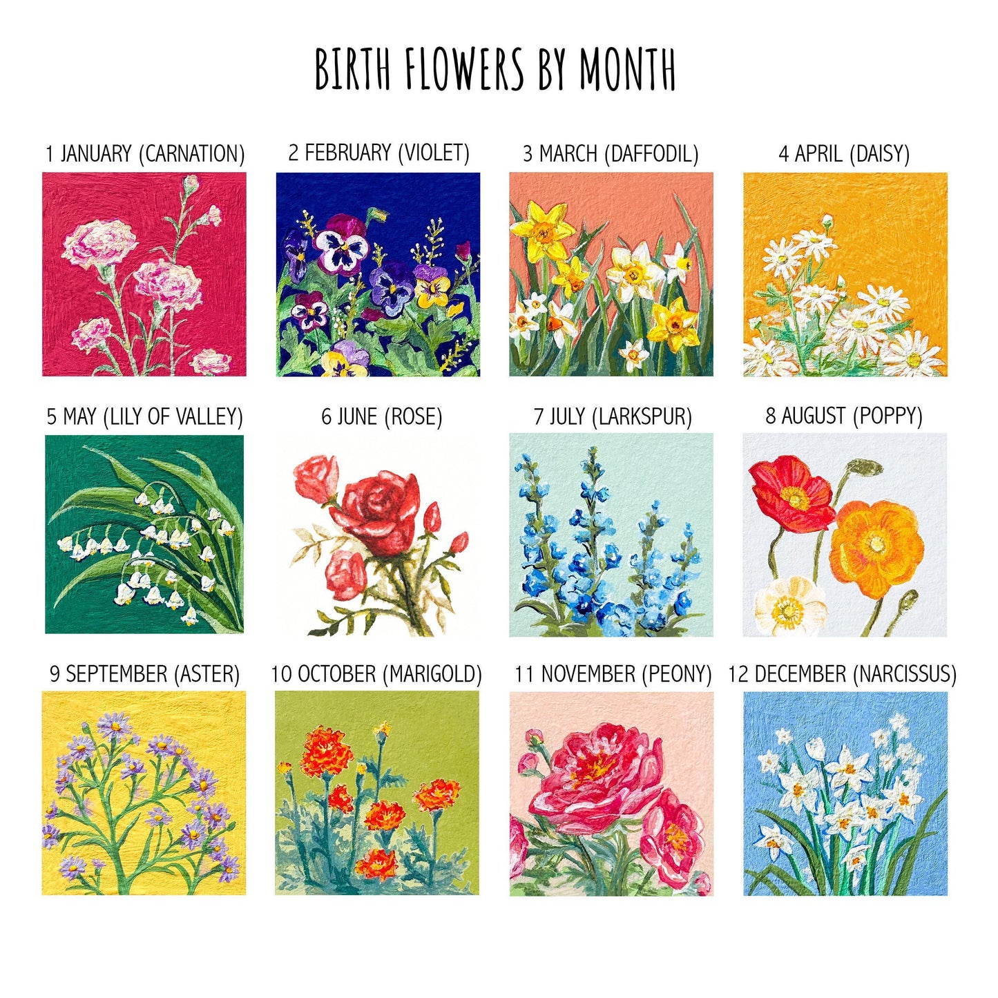 Mini 1" Birth Flowers Set of 12 Art PRINTS