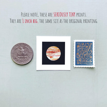Miniature Planet Art Prints Set of 8 - Tiny Watercolor Solar System 1-Inch Mini Wall Decor