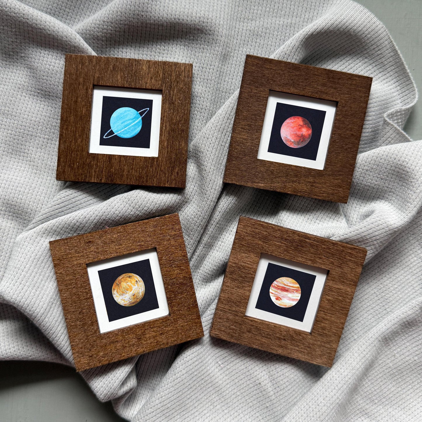 Miniature Planet Art Prints Set of 8 - Tiny Watercolor Solar System 1-Inch Mini Wall Decor