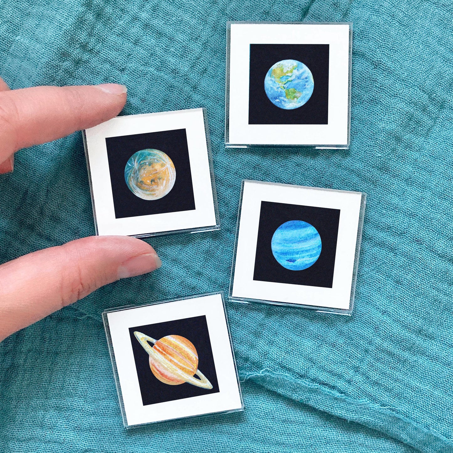 Miniature Planet Art Prints Set of 8 - Tiny Watercolor Solar System 1-Inch Mini Wall Decor