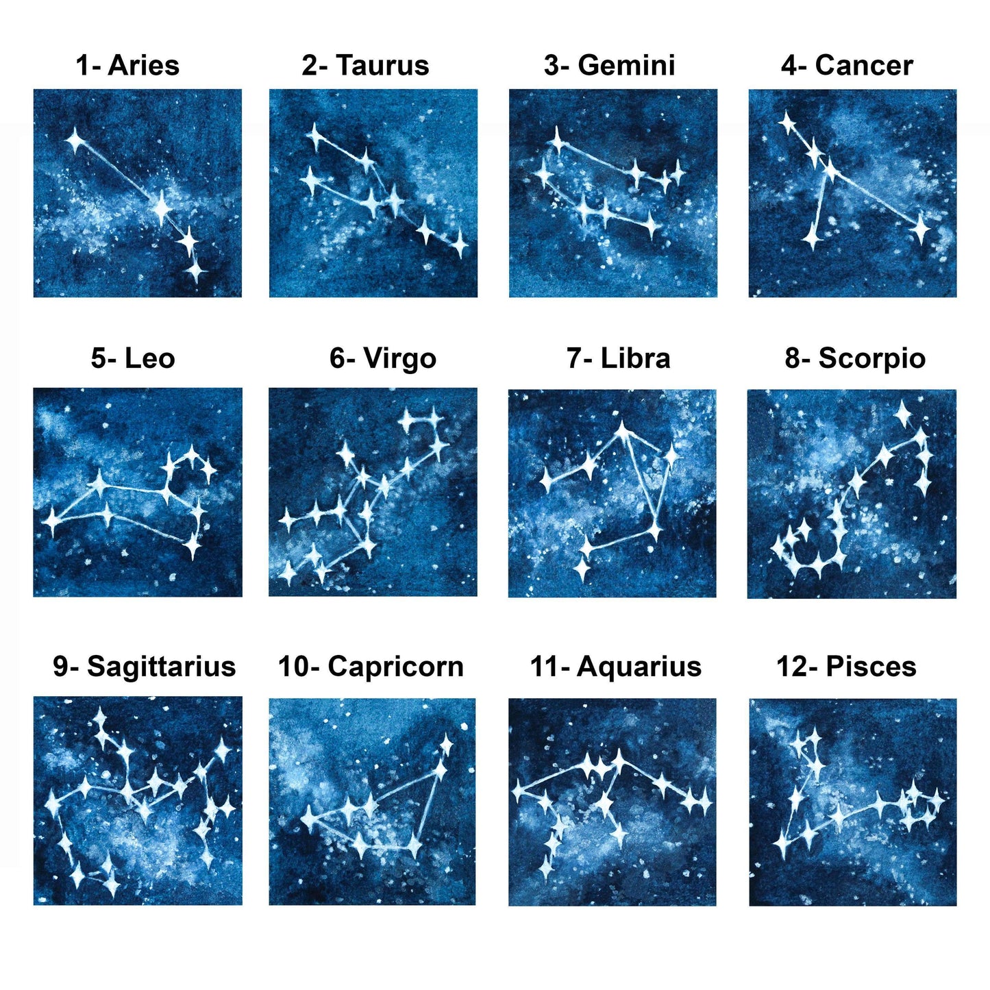 Miniature Zodiac Constellations Art Prints Set of 12 - Tiny Watercolor 1-Inch Mini Wall Decor