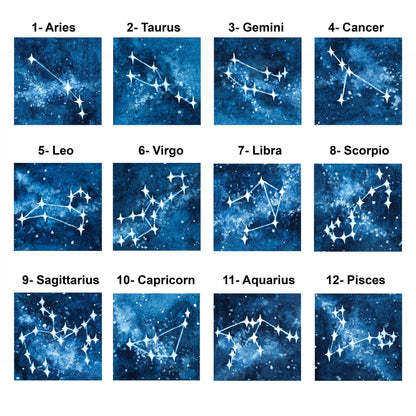 Miniature Zodiac Constellations Art Prints Set of 12 - Tiny Watercolor 1-Inch Mini Wall Decor