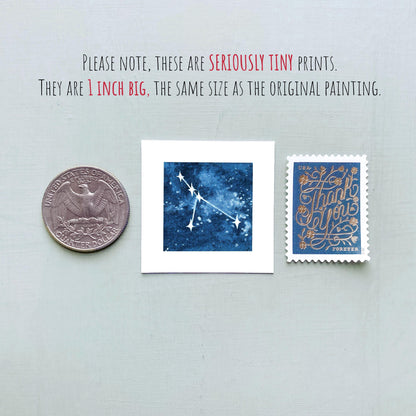Miniature Zodiac Constellations Art Prints Set of 12 - Tiny Watercolor 1-Inch Mini Wall Decor