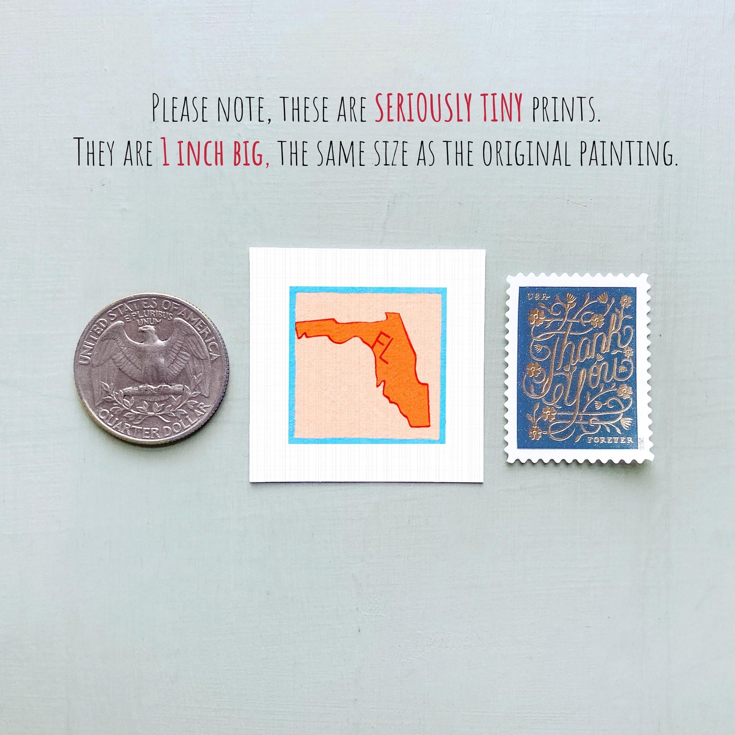 Miniature Florida State Art PRINT - Tiny Gouache 1-Inch Mini Wall Decor