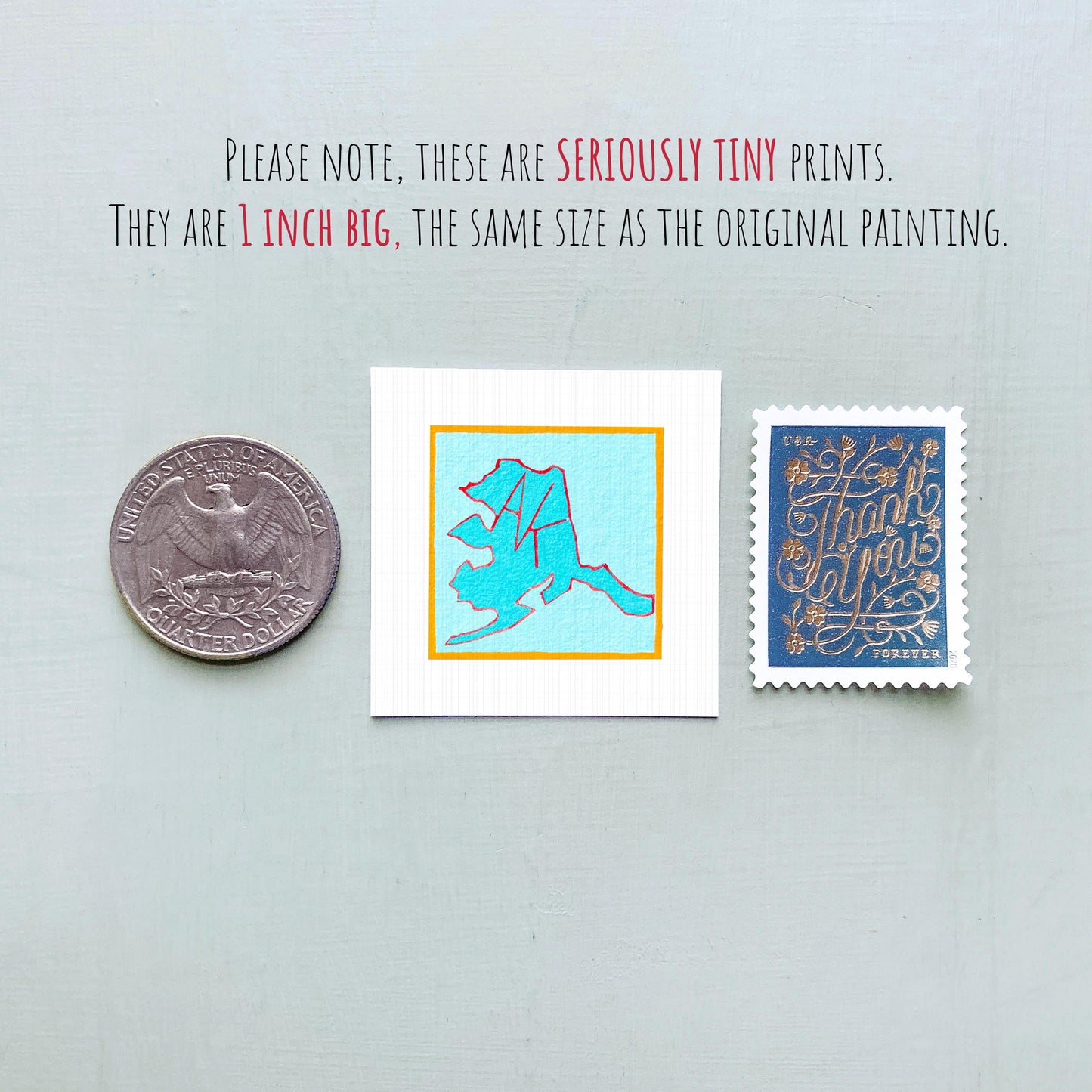 Miniature Alaska State Art PRINT - Tiny Gouache 1-Inch Mini Wall Decor