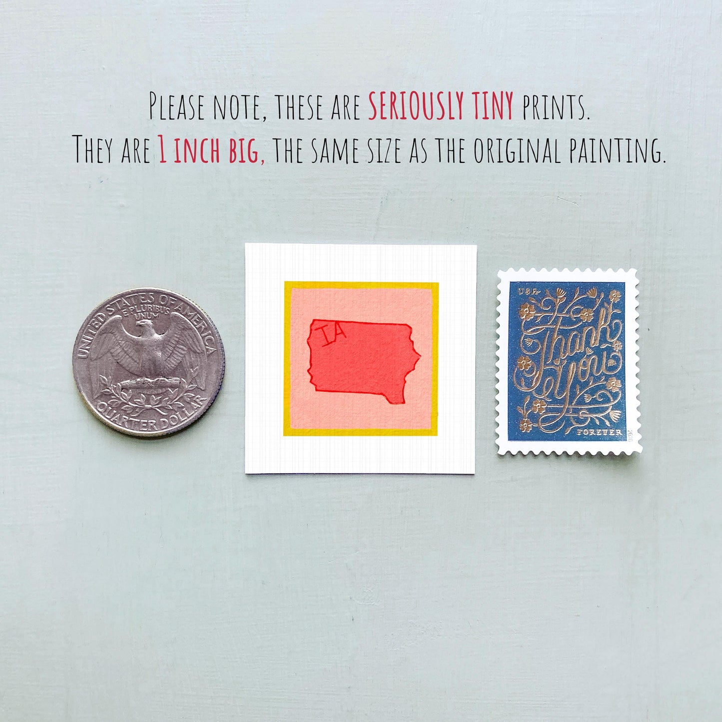 Miniature Iowa IA State Art PRINT - Tiny Gouache 1-Inch Mini Wall Decor