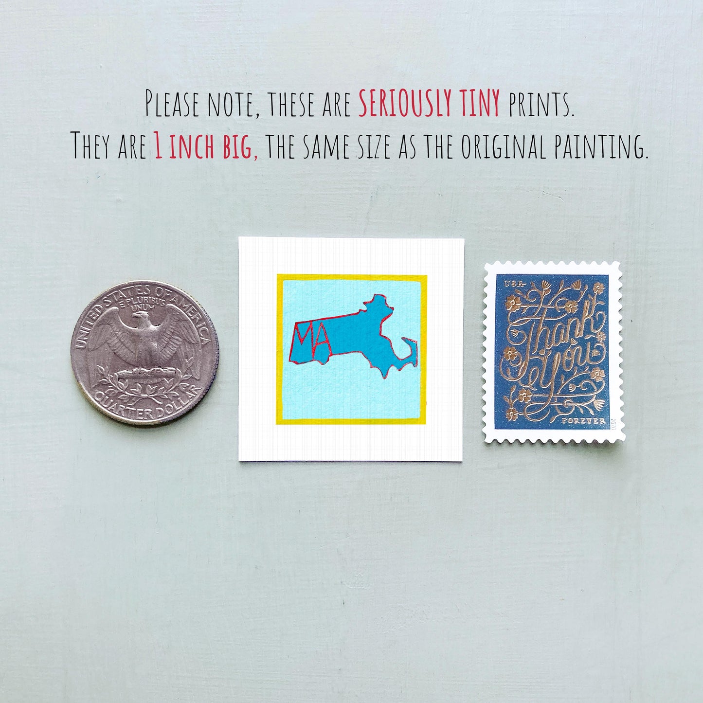 Miniature Massachusetts State Art PRINT - Tiny Gouache 1-Inch Mini Wall Decor