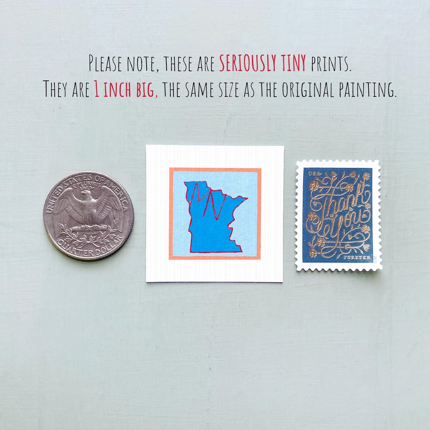 Miniature Minnesota State Art PRINT - Tiny Gouache 1-Inch Mini Wall Decor
