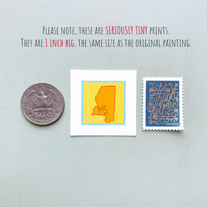 Miniature Mississippi State Art PRINT - Tiny Gouache 1-Inch Mini Wall Decor