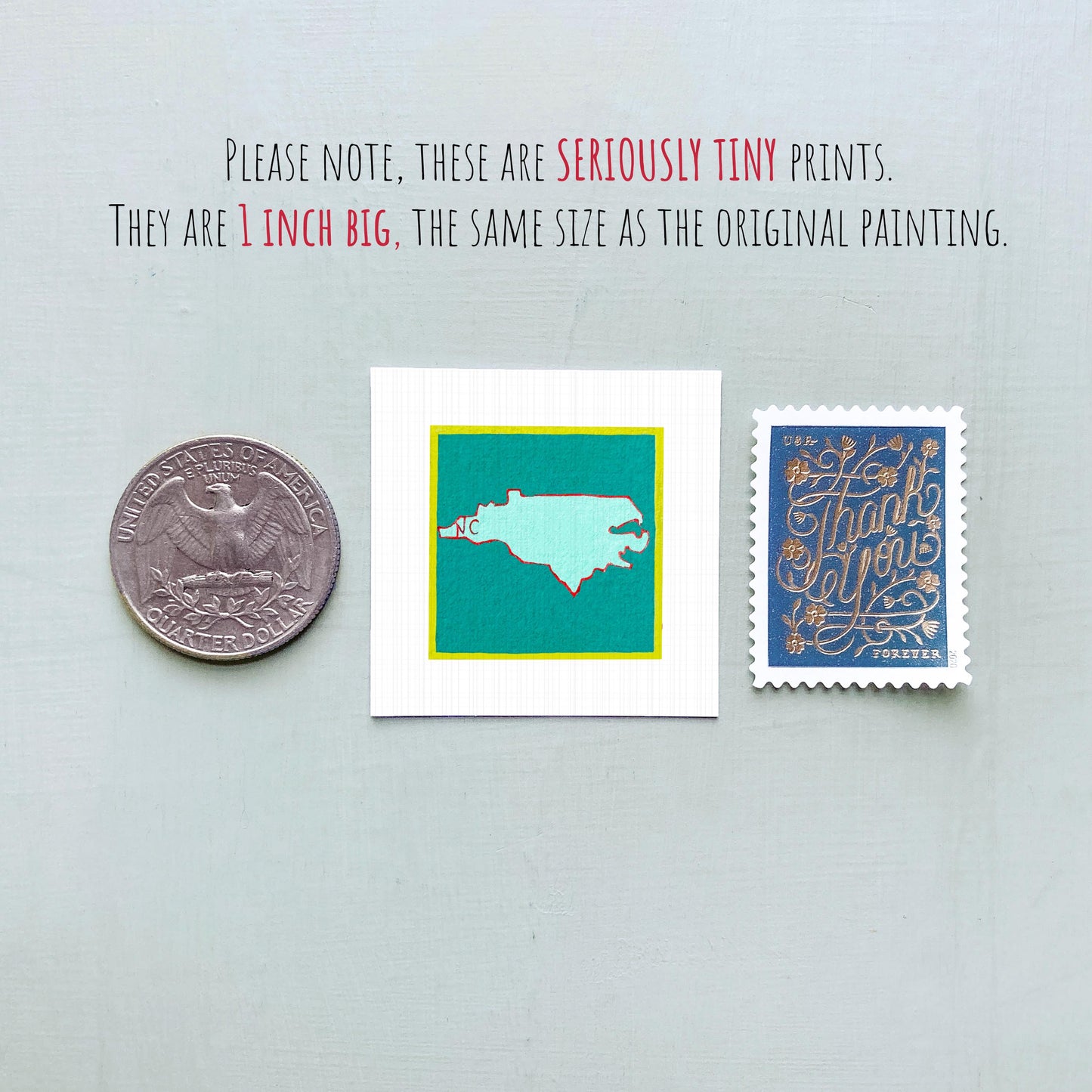 Miniature North Carolina State Art PRINT - Tiny Gouache 1-Inch Mini Wall Decor