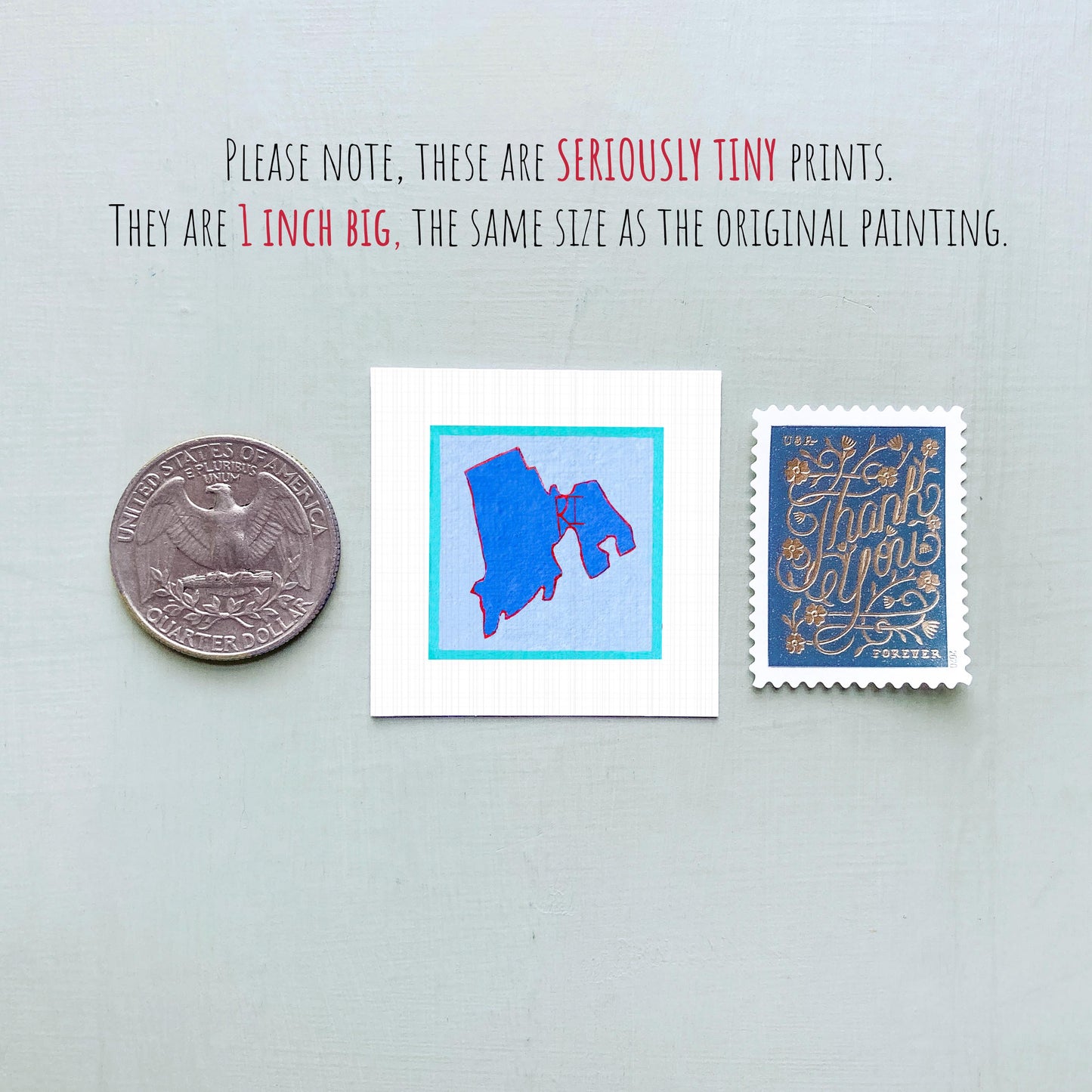Miniature Rhode Island State Art PRINT - Tiny Gouache 1-Inch Mini Wall Decor