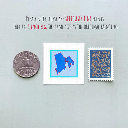 Miniature Rhode Island State Art PRINT - Tiny Gouache 1-Inch Mini Wall Decor