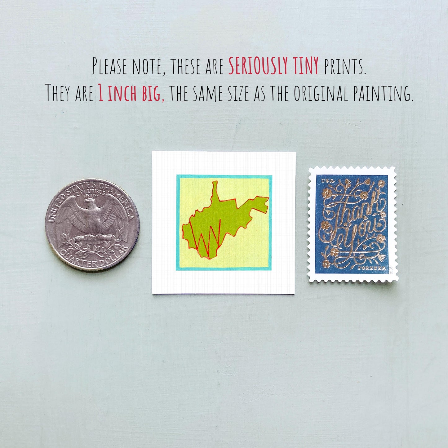 Miniature West Virginia State Art PRINT - Tiny Gouache 1-Inch Mini Wall Decor