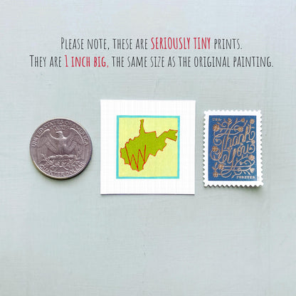 Miniature West Virginia State Art PRINT - Tiny Gouache 1-Inch Mini Wall Decor