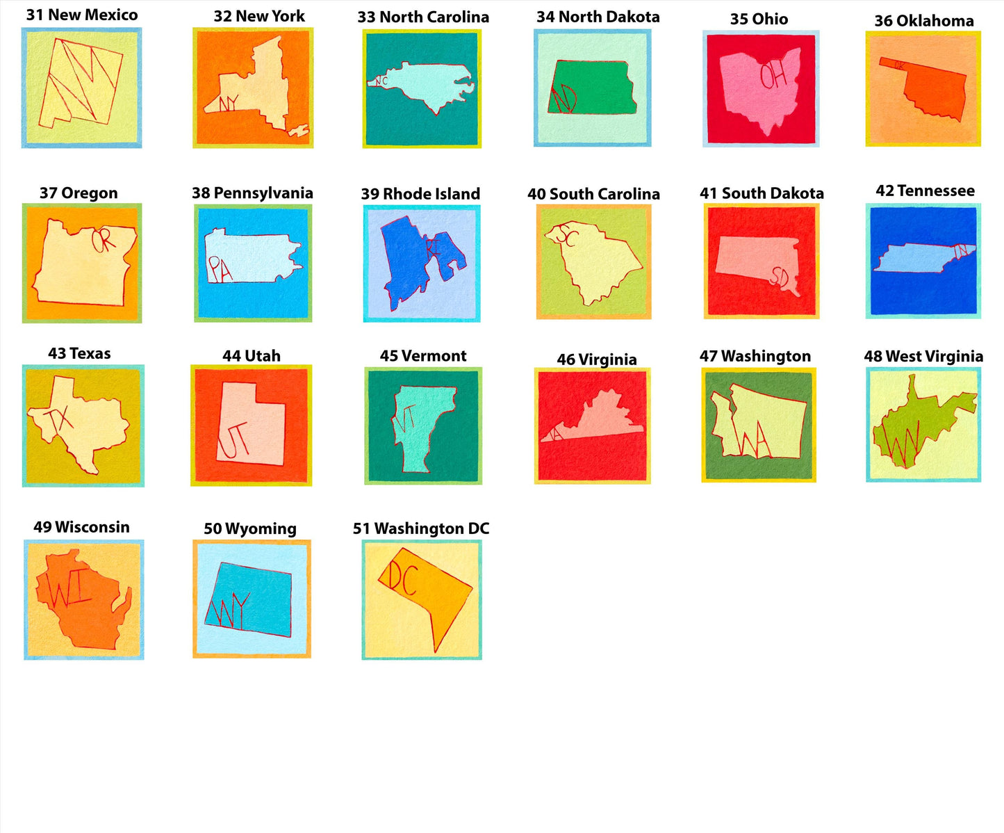 Mini 1" State Map Outlines Gouache Art PRINTS