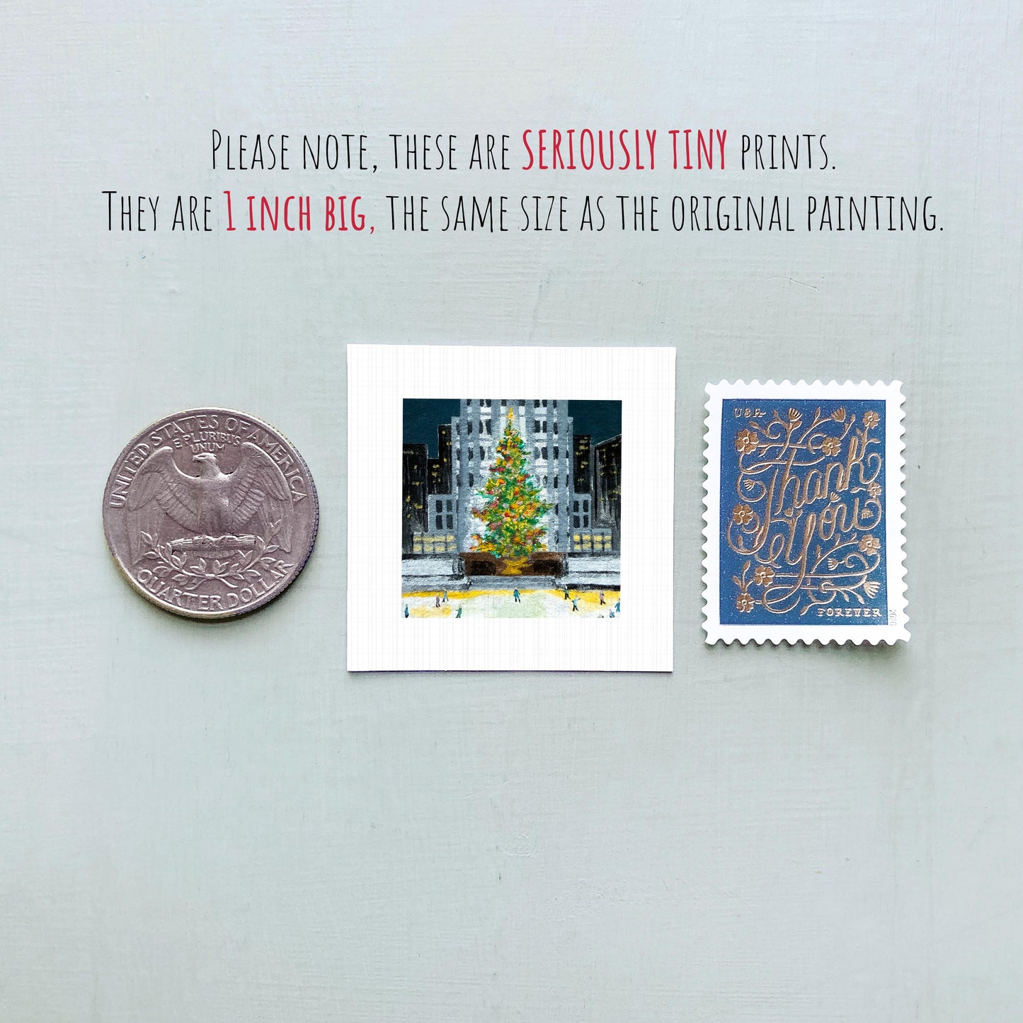 Mini 1" Rockefeller Christmas Tree New York City Print Tiny Watercolor Art PRINT
