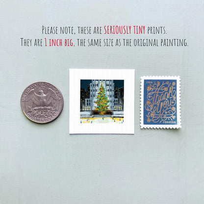 Mini 1" Rockefeller Christmas Tree New York City Print Tiny Watercolor Art PRINT