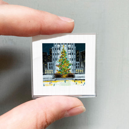 Mini 1" Rockefeller Christmas Tree New York City Print Tiny Watercolor Art PRINT