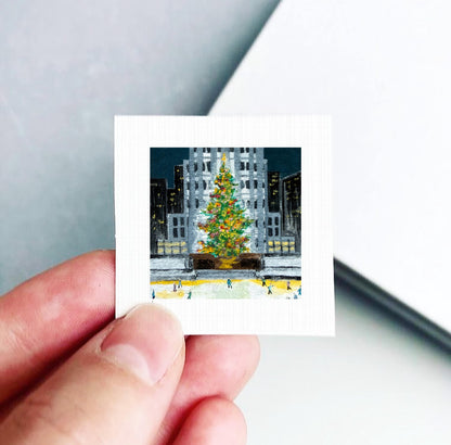 Mini 1" Rockefeller Christmas Tree New York City Print Tiny Watercolor Art PRINT