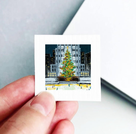 Mini 1" Rockefeller Christmas Tree New York City Print Tiny Watercolor Art PRINT