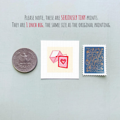 Love Note Valentine Card Art PRINT - Tiny Watercolor 1-Inch Mini Wall Decor