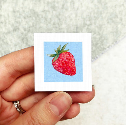Strawberry Fruit Art PRINT - Tiny Valentine Watercolor 1-Inch Mini Wall Decor