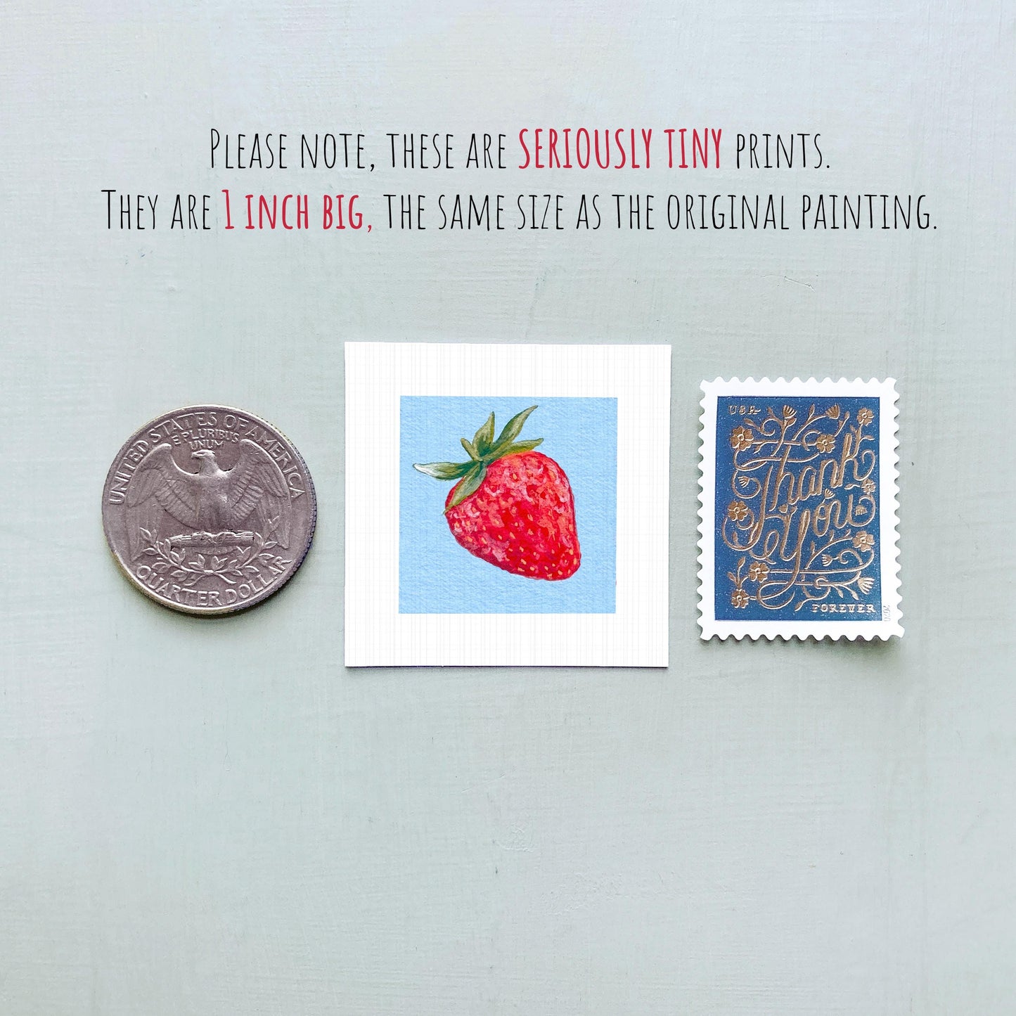 Strawberry Fruit Art PRINT - Tiny Valentine Watercolor 1-Inch Mini Wall Decor