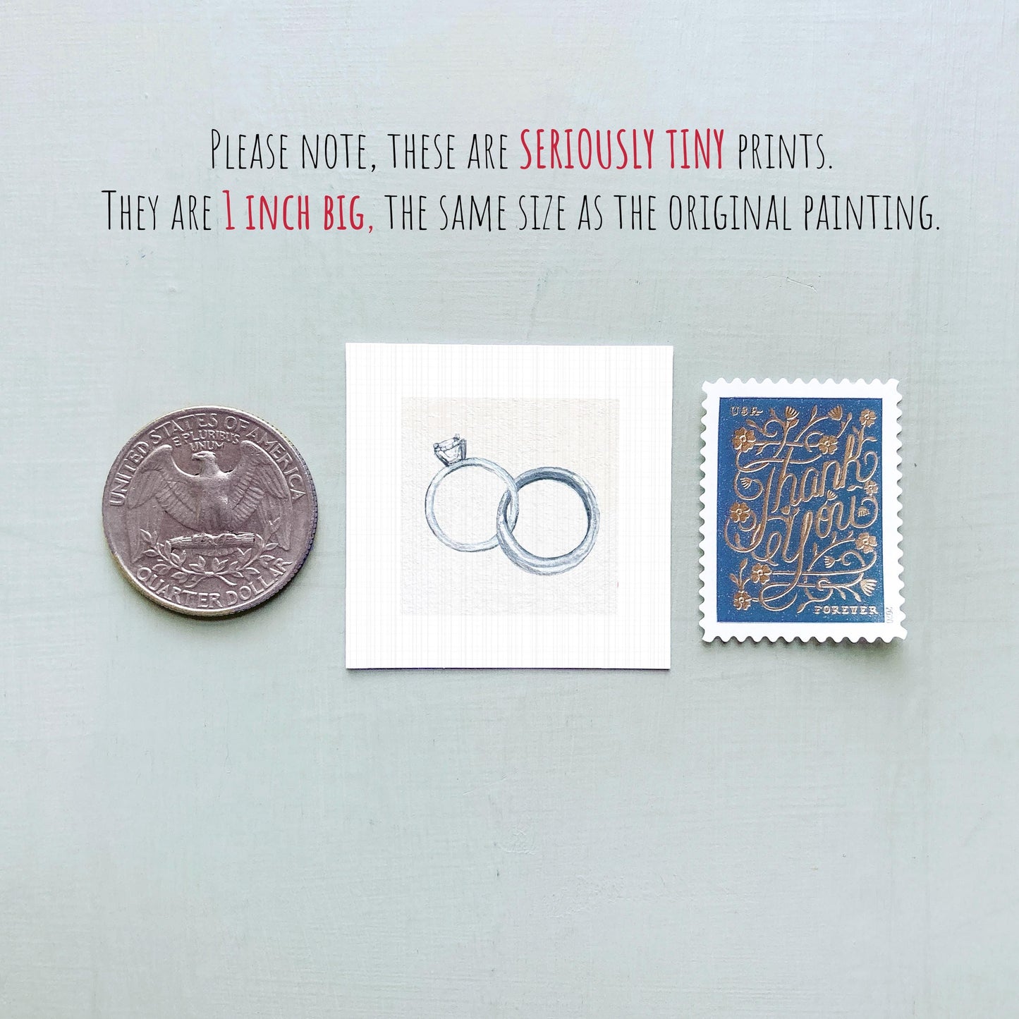 Wedding Rings Anniversary Art PRINT - Tiny Valentine Watercolor 1-Inch Mini Wall Decor