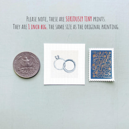 Wedding Rings Anniversary Art PRINT - Tiny Valentine Watercolor 1-Inch Mini Wall Decor