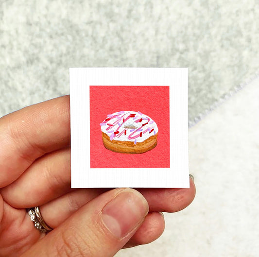Pink Sprinkle Donut Art PRINT - Tiny Valentine Watercolor 1-Inch Mini Wall Decor