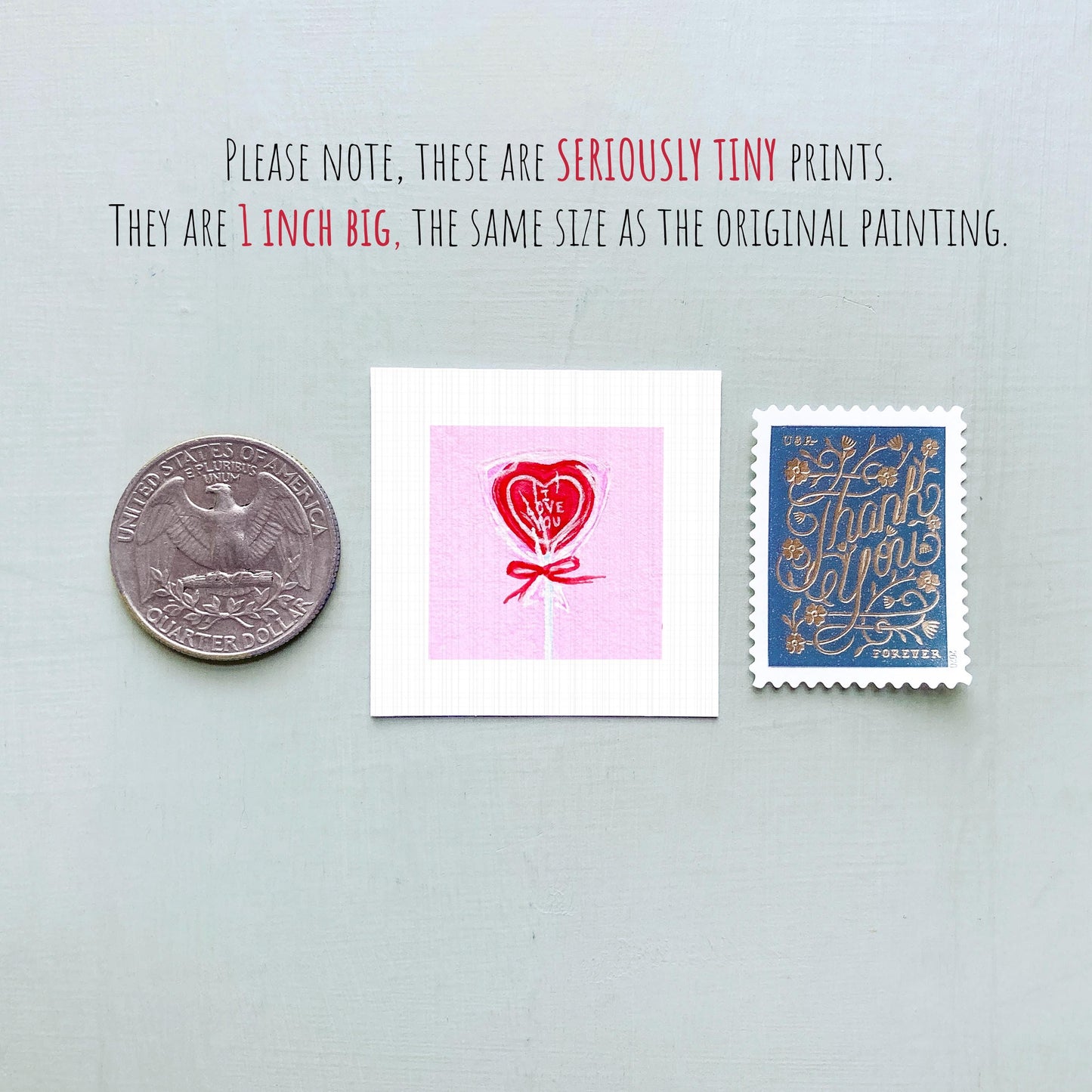 Heart Lollipop Valentine Candy Art PRINT - Tiny Watercolor 1-Inch Mini Wall Decor
