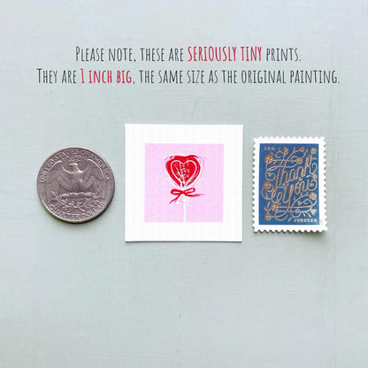 Heart Lollipop Valentine Candy Art PRINT - Tiny Watercolor 1-Inch Mini Wall Decor