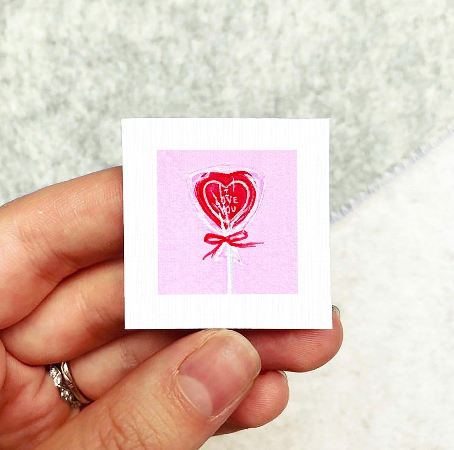 Heart Lollipop Valentine Candy Art PRINT - Tiny Watercolor 1-Inch Mini Wall Decor