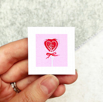 Heart Lollipop Valentine Candy Art PRINT - Tiny Watercolor 1-Inch Mini Wall Decor