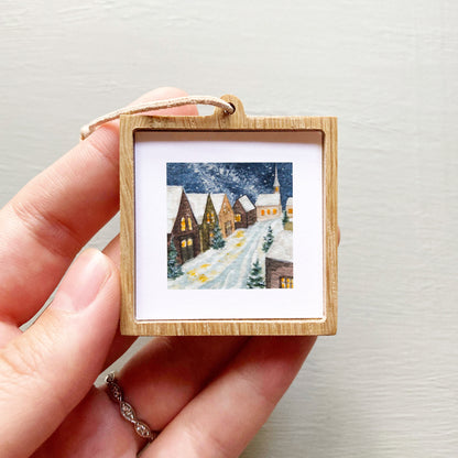 Mini 1" Snowy Village Night Watercolor Print