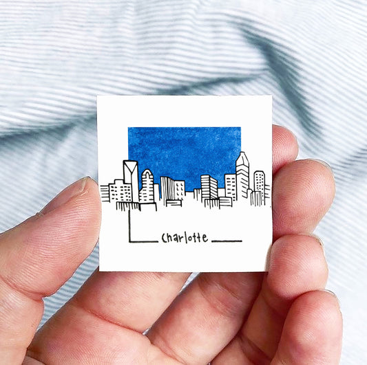 Mini Charlotte, North Carolina Skyline 1.5" Watercolor and Ink Art PRINT