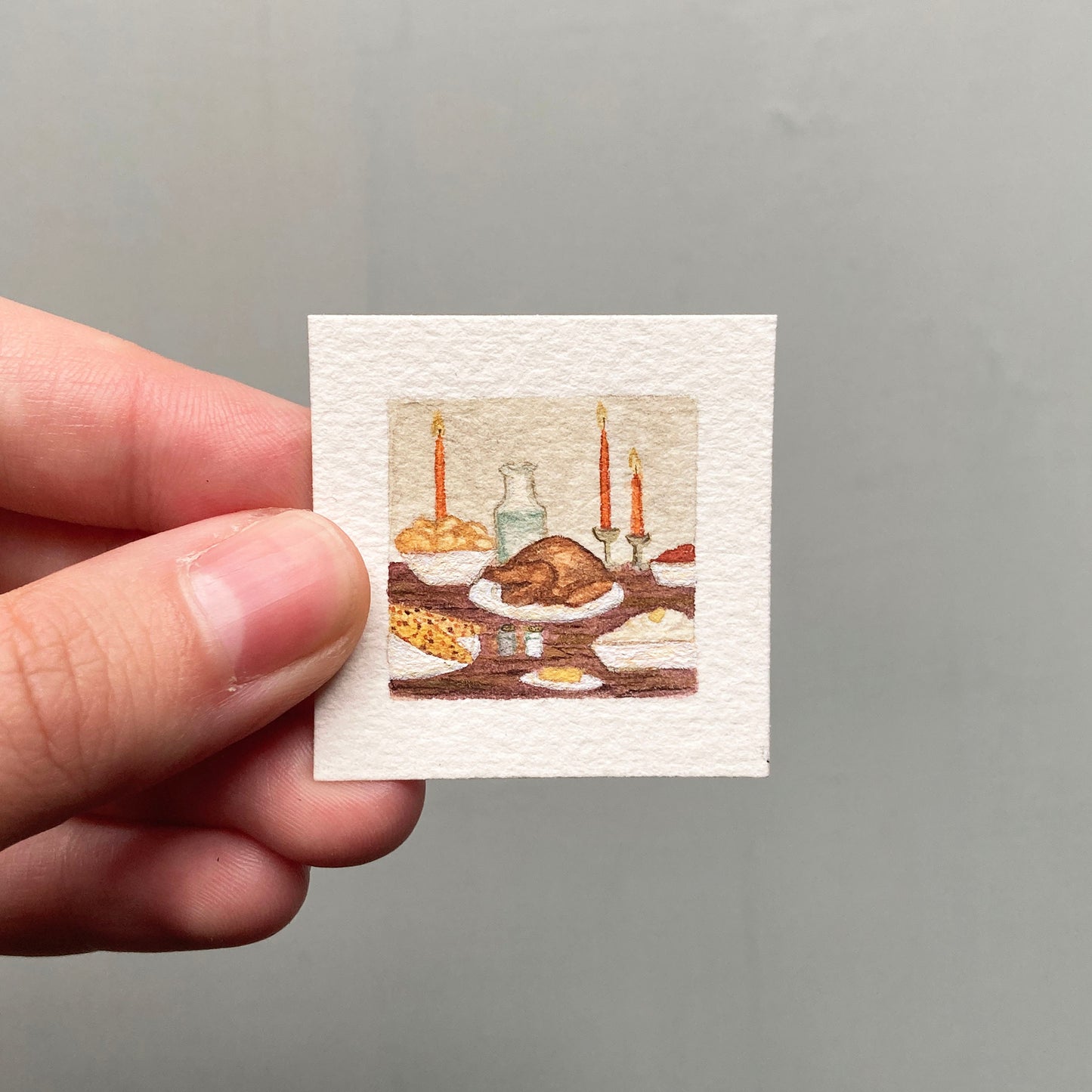 ORIGINAL Mini 1" Thanksgiving Turkey Dinner Watercolor Painting