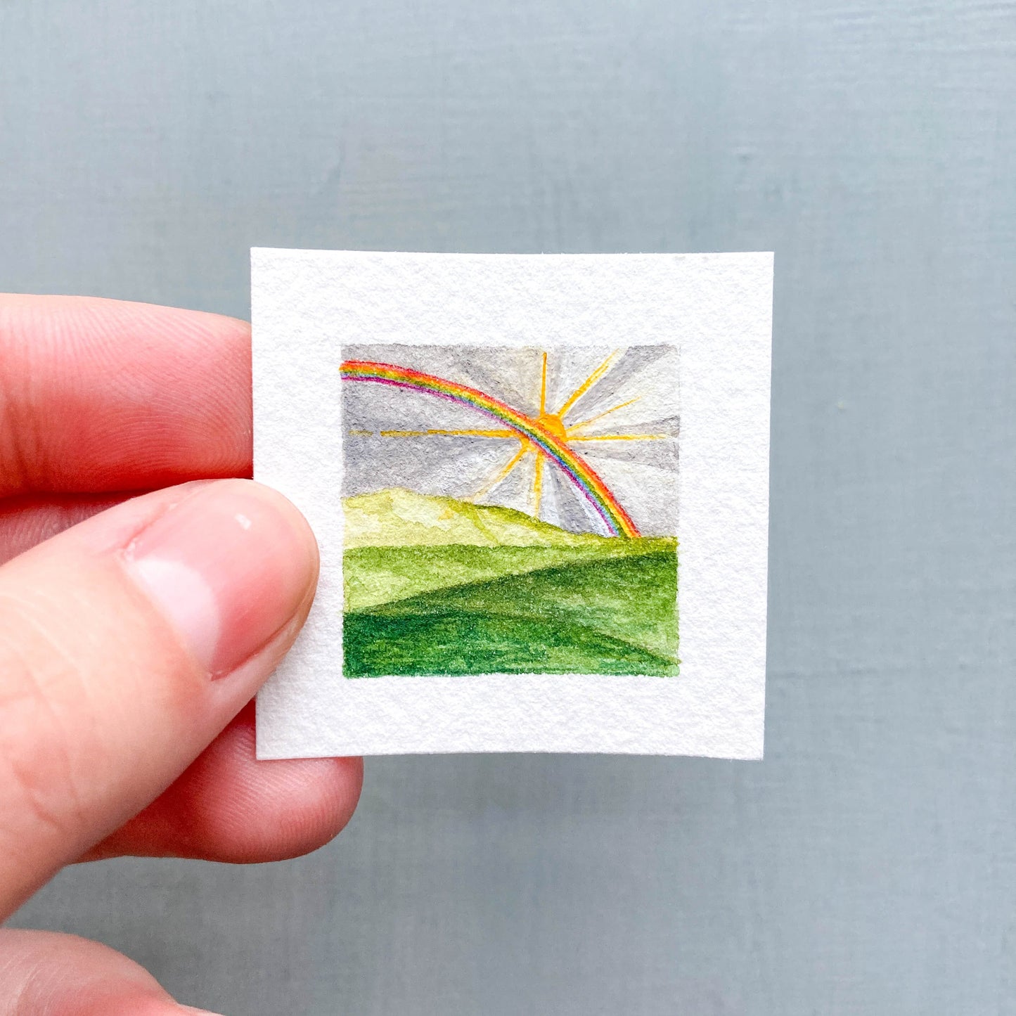 ORIGINAL Mini 1" Rainbow Spring Rainy Day Watercolor Painting